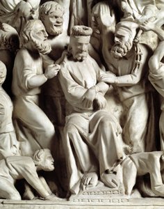 Detalhe dos relevos da cadeira realizados por Giovanni Pisano (1248-1314): Detalhe dos relevos do púlpito de mármore, jesus escarnecido 1302-1311 Catedral de Pisa (Duomo di Pisa), Itália de Giovanni Pisano