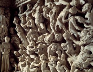 Detalhe dos relevos da cadeira realizada por Giovanni Pisano (1248-1314): as represas (Detalhe dos relevos do púlpito de mármore) 1302-1311 Cathedrale de Pisa (Duomo di Pisa), Itália de Giovanni Pisano