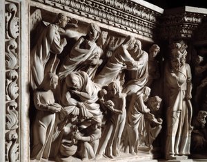 Detalhe dos relevos da Cadeira realizados por Giovanni Pisano (1248-1314): o anúncio, a visitação e o nascimento de João Batista (Detalhe dos relevos do púlpito de mármore, anúncio, visitação e nascimento de São João Batista) 1302-1311 Cath de Giovanni Pisano