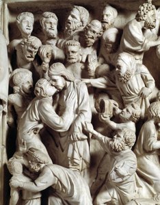 Detalhe dos relevos da cadeira realizada por Giovanni Pisano (1248-1314): o beijo de Judas (Detalhe dos relevos do púlpito de mármore, beijo de Judas) 1302-1311 Catedral de Pisa (Duomo di Pisa), Itália