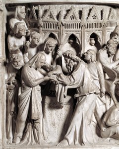 Detalhe dos relevos da Cadeira realizada por Giovanni Pisano (1248-1314): a apresentação de Jesus no templo (Detalhe dos relevos do púlpito de mármore) 1302-1311 Catedral de Pisa (Duomo di Pisa), Itália de Giovanni Pisano