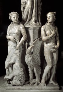 Detalhe dos grupos esculpidos de apoio à Cadeira realizada por Giovanni Pisano (1248-1314): duas virtudes cardeais (Detalhe das esculturas de apoio ao púlpito de mármore, duas virtudes cardeais) 1302-1311 Cathedrale de Pisa (Duomo di Pisa), Itália