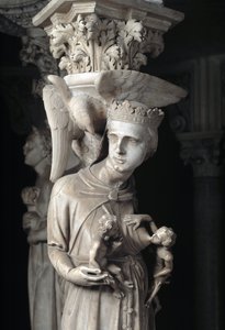 Detalhe dos grupos esculpidos de apoio à Cadeira realizados por Giovanni Pisano (1248-1314): a Igreja alimentando os seus filhos (Detalhe das esculturas de apoio ao púlpito de mármore, a Igreja alimenta os seus filhos) 1302-1311 Cathedrale de Pisa (Duomo d de Giovanni Pisano