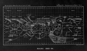 Mapa do planeta Marte por Giovanni Virginio Schiaparelli (1835-1910) astrofísico. Ele observou configurações retilíneas no planeta Marte, que ele chamou de canais marcianos (canali). 1883-1884
