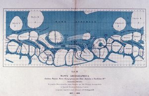Mapa do planeta Marte por Giovanni Virginio Schiaparelli (1835-1910) astrofísico. Ele observou configurações retilíneas no planeta Marte, que ele chamou de canais marcianos (canali). 1877-1878