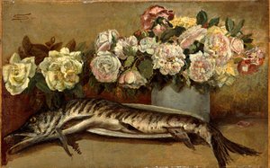 Natureza morta com flores e peixes ou lúcio e rosas de Giovanni Segantini