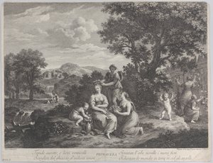 Primavera, um grupo de mulheres coletando flores e fazendo coroas com elas, ca. 1764.