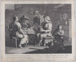 Três pessoas sentadas ao redor de uma mesa à esquerda enquanto um homem traz um prato vazio..., 1760-70. de Giovanni Volpato