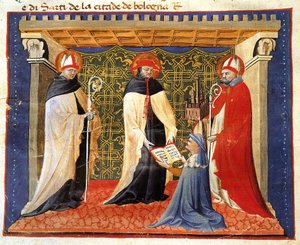 Miniatura dos estatutos da sociedade dos drapeiros, por Giovanni da Modena