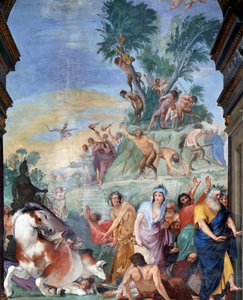 As musas e poetas caçadas do Parnassus (musas e poetas expulsos do Parnassus) Detalhe fresco por Giovanni da San Giovanni (1592-1636) 1634-1642 Museo degli argenti, Palazzo Pitti, Florença de Giovanni da San Giovanni