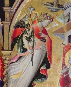 Arcanjo Gabriel, detalhe da Anunciação com SS Lawrence, Bento, João Batista e Nicolau, 1434 (tempera e folha de ouro no painel)
