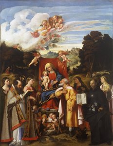 Madonna Enthroned with Angels, St. Apollonia, St. Augustine, St. Catherine, St. Joseph, St. Grata, St. Philip Benizzi e St. Barbara (Altarpiece St. Gotthard) de Giovanni de Busi Cariani