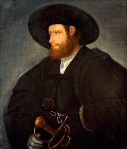 Retrato de um cavalheiro, meio comprimento, vestindo um traje preto e um chapéu preto,