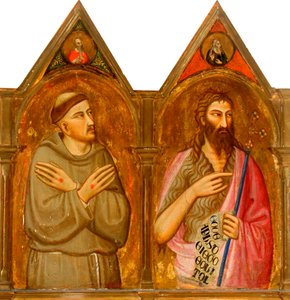 São Francisco e João Baptista (painéis à esquerda de tríptico) (tempera e folha de ouro no painel) de Giovanni del (follower of) Biondo