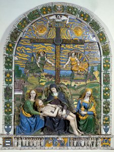 A Deposição (Pieta) Jesus Cristo e a Virgem Maria rodeada por São João e Santa Maria Madalena diante da cruz com a inscrição INRI (I.N.R.I.). Cerâmica em baixo relevo de Giovanni della Robbia (1469-1529) Dim. 3x2,28 m Florença, Museo Nazionale