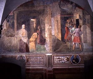 São Bento Remendo a Peneira Quebrada, detalhe do ciclo afresco da Vida de São Bento do Chiostro degli Aranci (Claustro das Laranjas) c.1430