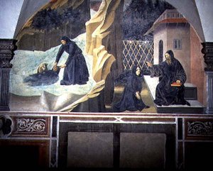 São Bento Enviando Mauro para salvar o Plácido Afogado do Lago, detalhe do ciclo afresco da Vida de São Bento do Chiostro degli Aranci (claustro das laranjas) c.1430