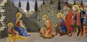 Aoration of Magi, detalhe da Natividade e adoração de Magos, entre 1457 e 1459, por Giovanni di Francesco (1412-1459), tempera sobre madeira. de Giovanni di Francesco