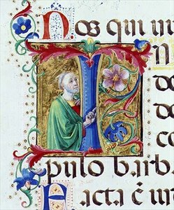 Sra. 542 f.44v Historia o "I" inicial que representa um santo masculino de um saltério escrito por Don Appiano da Igreja da Badia Fiorentina, Florença de Giovanni di Guiliano Boccardi