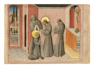 A investidura de Santa Clara: a Santa a receber a roupa da sua Ordem de São Francisco, c.1389-1482 (tempera e ouro no painel) de Giovanni di Paolo
