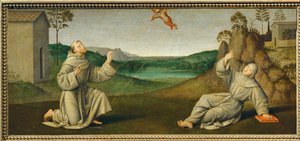 São Francisco de Assis recebe os estigmas ... de Giovanni di Pietro (c.1450-1529) (studio of)