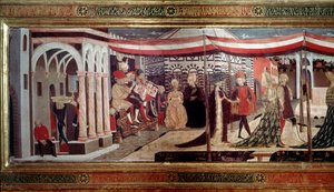 Cerimónia de Casamento Renascentista Detalhe da parte esquerda do painel que decora o Cassone Adimari. Cena de casamento na Piazza del Duomo (Plaza de la Cathedrale Santa Maria del Fiore). Músicos sentados em um palco tocando trompete, trombone e instrumen