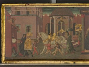 A História de Trajano e da Viúva, pormenor de um painel de um cassone, c.1450 (têmpera sobre painel) de Giovanni di Ser Giovanni Scheggia