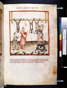 Theatrum sanitatis de Ububchasym de Baldach: "Carnes Caprarum et Pulpe Edorum", primeira década do século XIV (miniatura)
