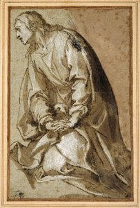 Uma jovem santa ajoelhada em oração (caneta e tinta castanha com lavagem castanha e altura) de Girolamo (circle of) Muziano