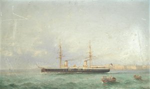 O navio de guerra HMS Inflexible a sair para o mar a partir de Grand Harbour, Valetta de Girolamo Gianni