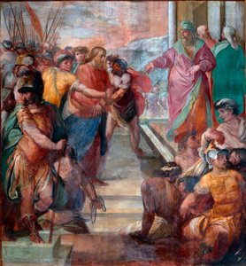 Cristo é conduzido diante de Caiphus Detalhe de um dos afrescos da Paixão de Cristo feitos por Girolamo Massei (1540-1614) 1594-1600 Roma, Santa Prassede de Girolamo Massel