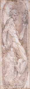 Adam segurando uma maçã, sentado, em um medalhão, c.1547-1553