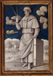 Retrato no pé de Euclides (325-265 a.C.), matemático grego Pintura de Girolamo Mocetto (1458-1531) 1531 Paris. Musee Jacquemart André - Retrato completo de Euclides (325-265 a.C.), matemático inglês. Pintura de Girolamo Mocetto (1458-1531)