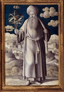 Retrato no pé de Ptolemee (Claudius Ptolemaeus) (90-168 d.C.), pintura astronômica grega de Girolamo Mocetto (1458-1531) 1531 Paris. Musee Jacquemart André - Retrato completo de Ptolomeu (Claudius Ptolemaeus) (90-168 d.C.). Astrônomo grego. Pintura por