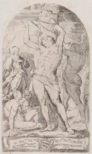 São Sebastião sendo amarrado a uma árvore, 1625-50. de Girolamo Pedrignani