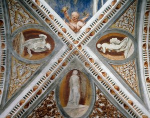 Nichos e estátuas em mosaico, Detalhe de afrescos de Girolamo Romanino (ca. 1484-após 1559), encomendado por Bernardo Clesio de Girolamo Romanino