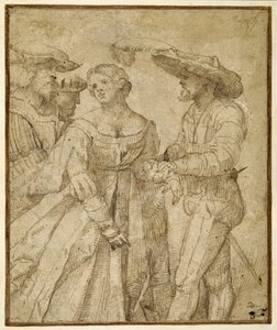Cena de galanteria: quatro figuras de pé sobre um fundo de paisagem (caneta e tinta castanha sobre papel de palha) de Girolamo Romanino