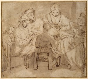 Mulheres e meninas sentadas à volta de uma mesa de costura (caneta e tinta castanha com lavagem castanha no papel) de Girolamo Romanino