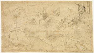 Relevo antigo com Hércules e as éguas de Diomedes (anverso); dois esboços: Sátiro drapeado e Figura feminina alada (verso) de Girolamo da Carpi