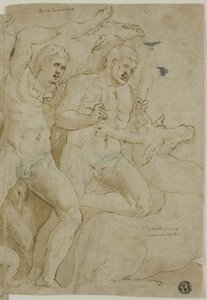 Alívio do antigo sarcófago com os trabalhos de Hércules