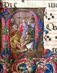Carta decorada representando Cristo lavando os pés, Miniatura de Girolamo da Cremona (ativa por volta de 1451-1483) e Liberale da Verona (1445-1529) de um coral (Cod. 22/7. c.37) da catedral de Siena. Catedral do século XV (Duomo) de Siena, Itália