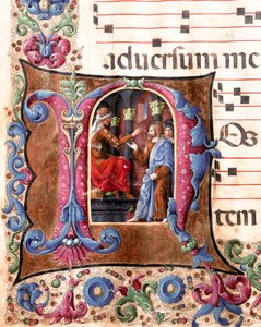 Letras decorativas representando Jesus Cristo em frente a Pôncio Pilatos Miniatura de Girolamo da Cremona (ativo por volta de 1451-1483) e Liberale da Verona (1445-1529) de um coro (Cod. 22/7. c.22.) da Catedral de Siena. Catedral do século XV (Duom