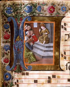 Lettrina decorativa representando Cristo Criança e os Médicos Miniatura de Girolamo da Cremona (activos por volta de 1451-1483) e Liberale da Verona (1445-1529) de um coro (Cod. 19/4. c.13.) da Catedral de Siena. Catedral do século XV (Duomo) de Siena, It