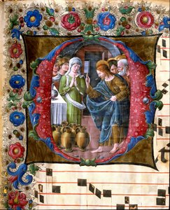 Decoree lettrine representando o casamento de Cana Miniature de Girolamo da Cremona (ativo por volta de 1451-1483) e Liberale da Verona (1445-1529) de um coro (Cod. 19/4. c.19v.) do Cathedrale de Siena. Catedral do século XV (Duomo) de Siena, Itália