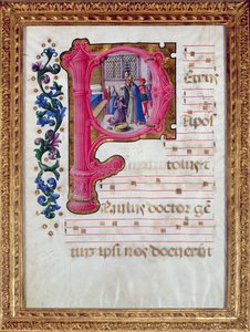 Historiated inicial &39;P&39; representando o batismo de Constantino (c.274-337) de um antiphonaire lombardo