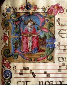 Lettrine B decoree representando a Santíssima Trindade (Trono da Graça) Deus, Jesus Cristo e a pomba do Espírito Santo (Espírito Santo). Miniatura de Girolamo da Cremona (ativa por volta de 1451-1483) de um coro (Cod. 10/L. c.81v) da catedral de Siena. 15t