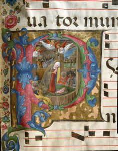 Lettrine P decoree representando o Nativite Miniatura de Girolamo da Cremona (activo por volta de 1451-1483) de um coro (Cod. 18/3) da catedral de Siena. Catedral do século XV (Duomo) de Siena, Itália