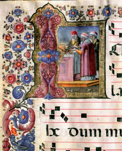 Cena de sacrifício miniatura de Girolamo da Cremona (activa por volta de 1451-1483) de um coro (Cod. 10/L. c.114v.) da catedral de Siena. Catedrais do século XV (Duomo) de Siena, Itália