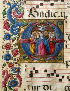 A pomba do Espírito Santo (Espírito Santo) aparece à Virgem Maria e aos apoters. Miniatura de Girolamo da Cremona (ativa por volta de 1451-1483) de um coro (Cod. 10/L. c.32v) da catedral de Siena. Catedral do século XV (Duomo) de Siena, Itália.