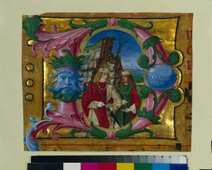 Historiada inicial D Excisada de um livro de coro: Dois santos mártires, c. 1500-1510.